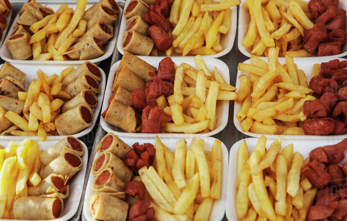 Fried food such as wieners and fries for sale